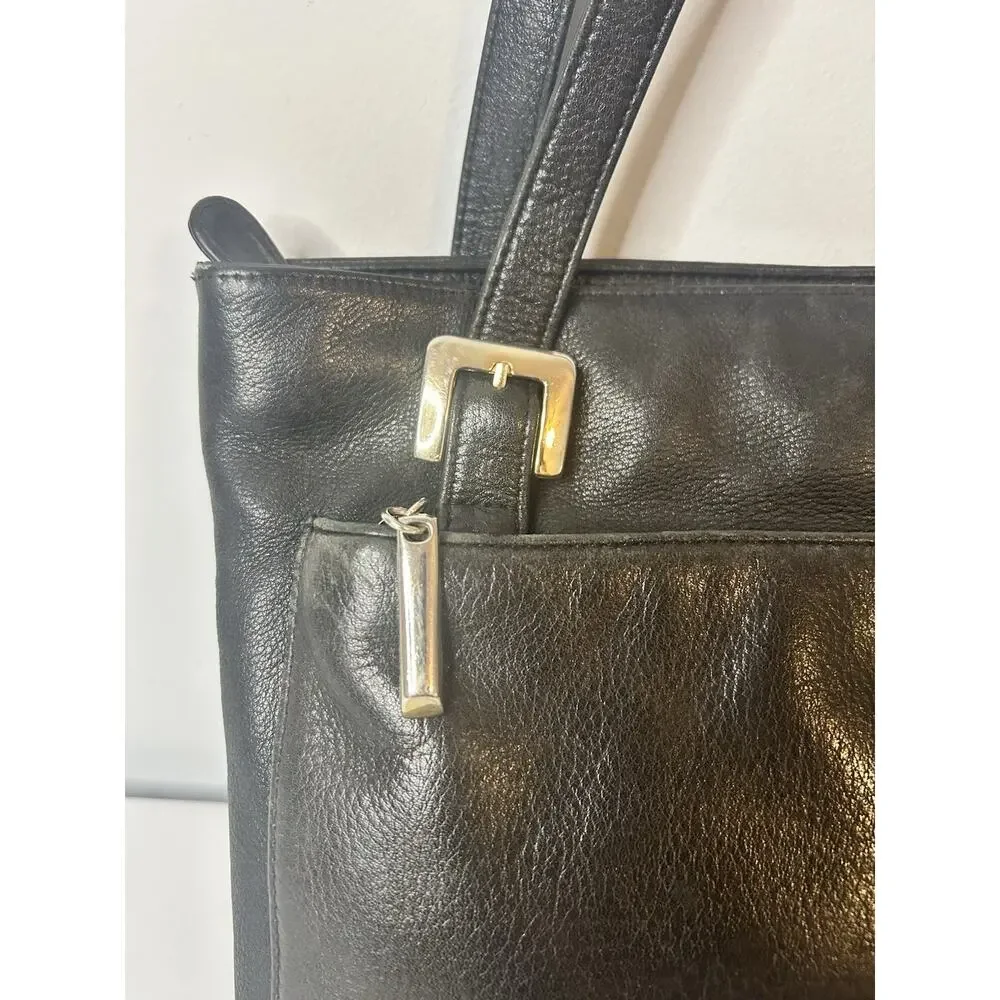 Mila Paoli Black Genuine Leather Shoulder Tote Work Bag Multi Compartment